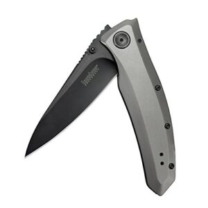 kershaw grid pocketknife, 3.7" 8cr13mov steel drop point plain edge blade, assisted one-handed flipper or thumb stud opening, frame lock edc,grey/black
