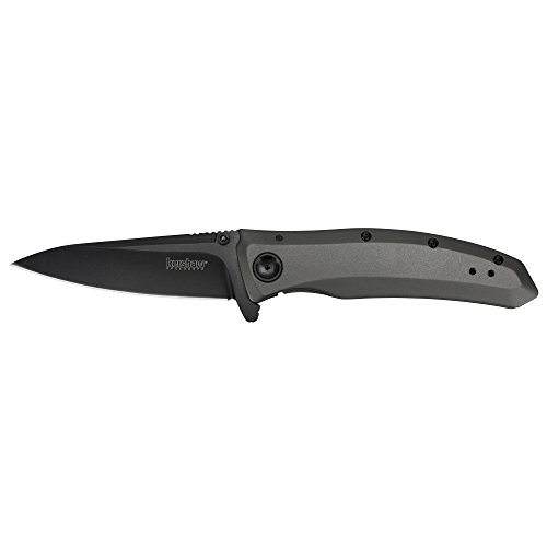 Kershaw Grid Pocketknife, 3.7" 8Cr13MoV Steel Drop Point Plain Edge Blade, Assisted One-Handed Flipper or Thumb Stud Opening, Frame Lock EDC,Grey/Black