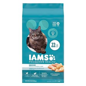 iams proactive health adult indoor weight control & hairball care dry cat food with chicken & turkey cat kibble, 22 lb. bag