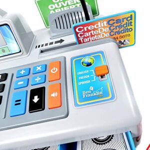 Dr. STEM Toys | Talking Toy Cash Register | STEM Learning 69 Piece Pretend Store with 3 Languages, Paging Microphone, Credit Card, Bank Card, Play Money and Banking for Kids, Silver