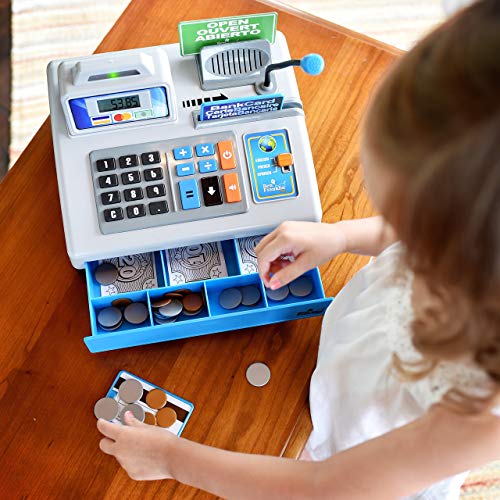 Dr. STEM Toys | Talking Toy Cash Register | STEM Learning 69 Piece Pretend Store with 3 Languages, Paging Microphone, Credit Card, Bank Card, Play Money and Banking for Kids, Silver