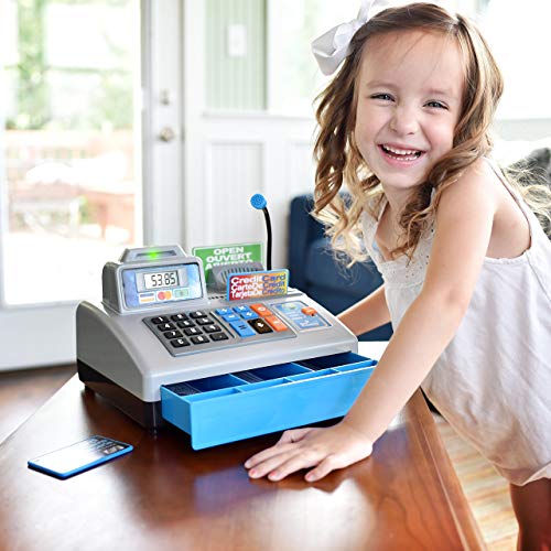 Dr. STEM Toys | Talking Toy Cash Register | STEM Learning 69 Piece Pretend Store with 3 Languages, Paging Microphone, Credit Card, Bank Card, Play Money and Banking for Kids, Silver