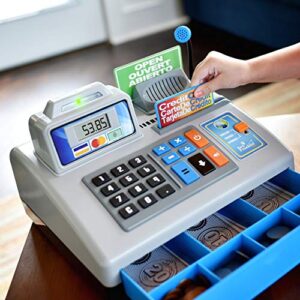 Dr. STEM Toys | Talking Toy Cash Register | STEM Learning 69 Piece Pretend Store with 3 Languages, Paging Microphone, Credit Card, Bank Card, Play Money and Banking for Kids, Silver