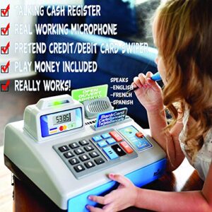 Dr. STEM Toys | Talking Toy Cash Register | STEM Learning 69 Piece Pretend Store with 3 Languages, Paging Microphone, Credit Card, Bank Card, Play Money and Banking for Kids, Silver