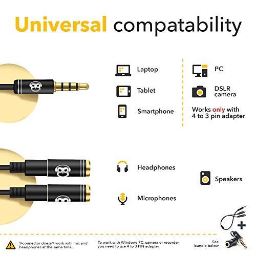 PowerDeWise Y Splitter Mic and Mic - Microphone TRRS Splitter - 2 Microphone Splitter - Y-Splitter - Y-Connector Audio Signal Splitter Cable for Lavalier Microphone