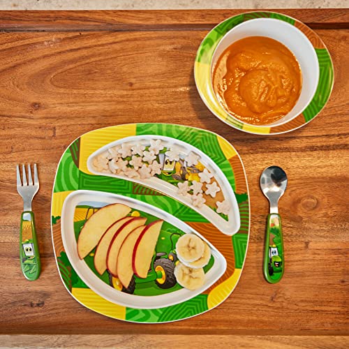 The First Years John Deere's Johnny Tractor and Friends Dinnerware Set - Toddler Plates and Bowls Set - Includes Toddler Plate, Toddler Bowl, Toddler Fork and Toddler Spoon - 4 Count