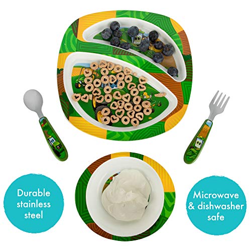 The First Years John Deere's Johnny Tractor and Friends Dinnerware Set - Toddler Plates and Bowls Set - Includes Toddler Plate, Toddler Bowl, Toddler Fork and Toddler Spoon - 4 Count