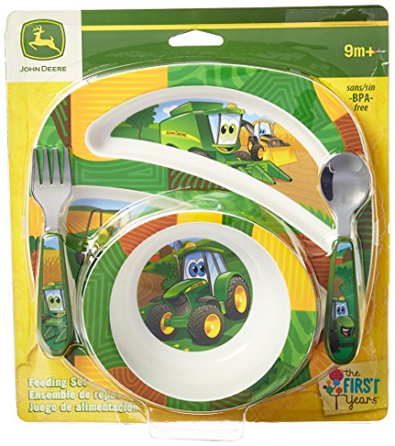 The First Years John Deere's Johnny Tractor and Friends Dinnerware Set - Toddler Plates and Bowls Set - Includes Toddler Plate, Toddler Bowl, Toddler Fork and Toddler Spoon - 4 Count