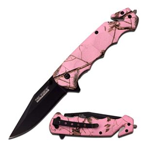 tac force spring assisted folding pocket knife – black fine edge tanto blade, pink camo coated aluminum handle, rope cutter, glass punch, pocket clip, tactical, edc, rescue - tf-499pc