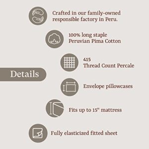 Peru Pima 415 Thread Count Percale Sheets - 100% Peruvian Pima Cotton - Hotel Luxury Quality, Extra Soft and Cooling Sheets - White Solid Color - Full Size - 4 Piece Bed Sheet Set