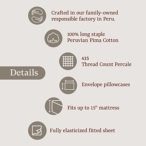 Peru Pima 415 Thread Count Percale Sheets - 100% Peruvian Pima Cotton - Hotel Luxury Quality, Extra Soft and Cooling Sheets - White Solid Color - Full Size - 4 Piece Bed Sheet Set