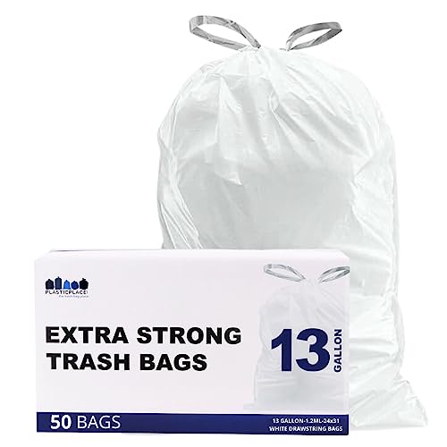 Plasticplace 13 Gallon Trash Bags │ 1.2 Mil │ White Extra-Large Drawstring Garbage Can Liners │ 24" x 31" (50 Case)