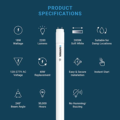 PARMIDA 20-Pack 4FT LED T8 Hybrid Type A+B Light Tube, 18W, Plug & Play or Ballast Bypass, Single-Ended OR Double-Ended Connection, 2200lm, Frosted Cover, T8 T10 T12, UL - 3000K