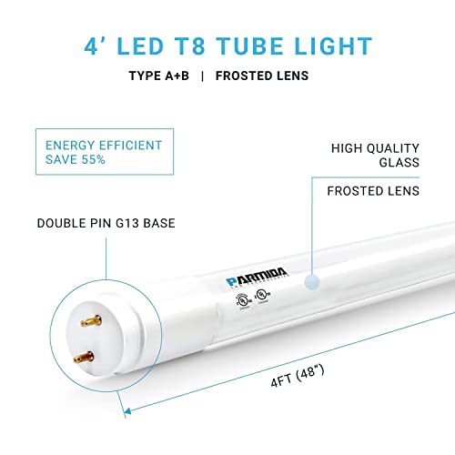 PARMIDA 20-Pack 4FT LED T8 Hybrid Type A+B Light Tube, 18W, Plug & Play or Ballast Bypass, Single-Ended OR Double-Ended Connection, 2200lm, Frosted Cover, T8 T10 T12, UL - 3000K