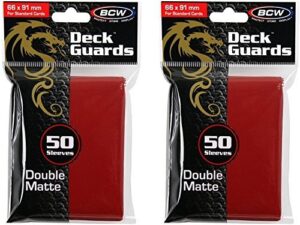 bcw 2 50ct packs (100) mat deck guard red double matte finish for standard size collectible cards - deck protector sleeves for mtg magic the gathering, pokemon, l5r, wow, [2-pack bundle] by bcw gaming