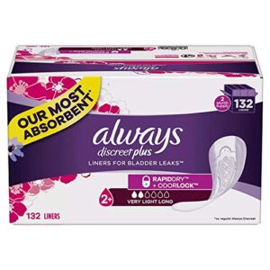 always discreet plus incontinence liners, very light absorbency, long length (132 ct.)