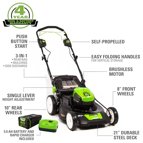 Greenworks Pro 21-Inch 80V Self-Propelled Cordless Lawn Mower, 5Ah Battery Included MO80L510 , Black, Green