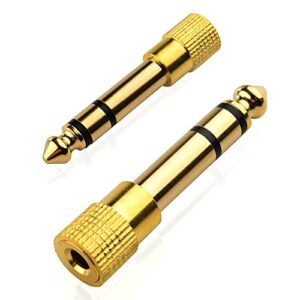 mobi lock 6.35mm plug to 3.5mm socket (pack of 2) 1/4 to 1/8 inch stereo audio jack adapter | converts audio from amplifiers, guitar, piano, drums, speakers & mic that use 6.35mm to 3.5mm port