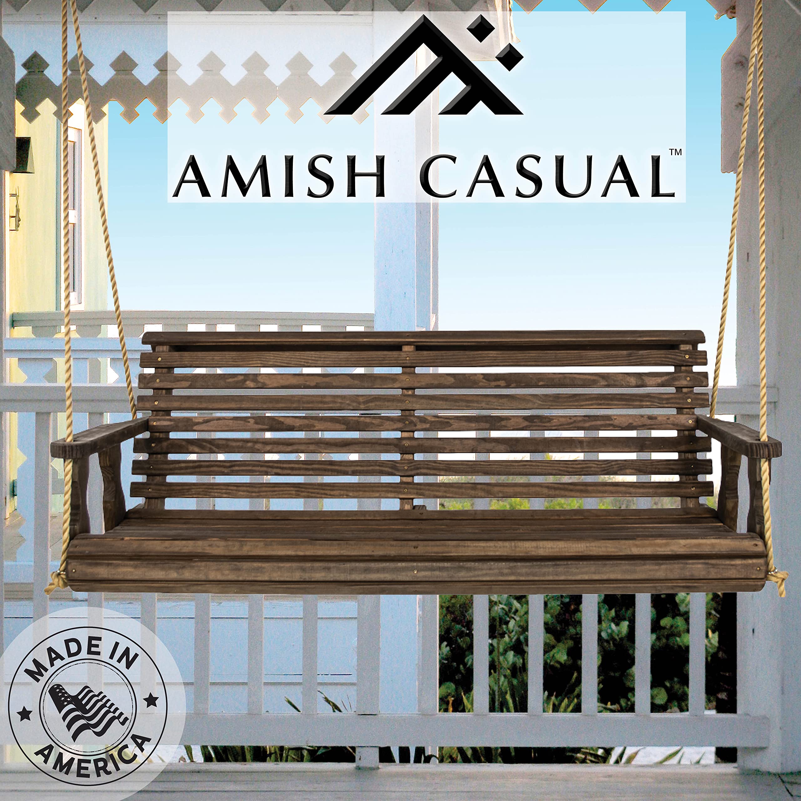 Amish Casual Heavy Duty 800 Lb Roll Back Treated Porch Swing with Hanging Ropes (5 Foot, Dark Walnut Stain)