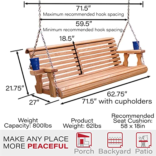 Amish Casual Heavy Duty 800 Lb Roll Back 5ft. Treated Porch Swing with Cupholders - Cedar Stain