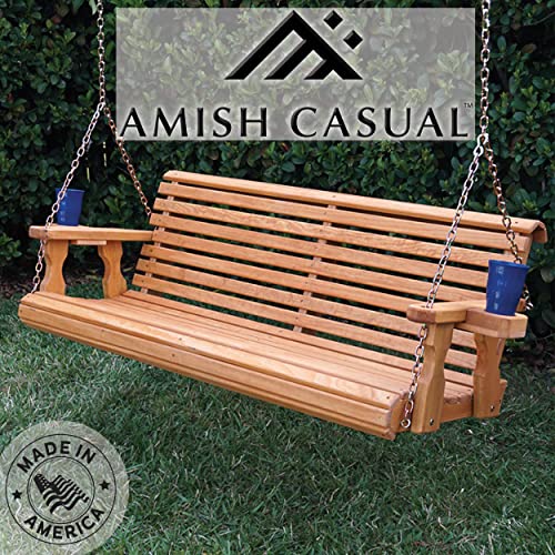 Amish Casual Heavy Duty 800 Lb Roll Back 5ft. Treated Porch Swing with Cupholders - Cedar Stain