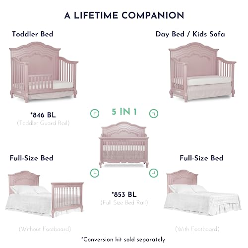 Evolur Aurora 5-In-1 Convertible Crib In Dusty Rose, Greenguard Gold Certified, Features 3 Mattress Height Settings, Sturdy And Spacious Baby Crib, Wooden Furniture