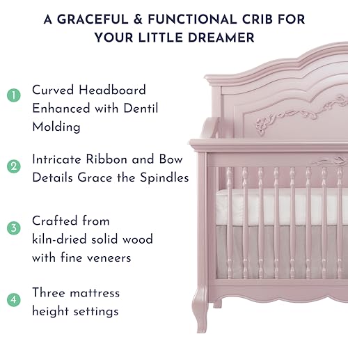 Evolur Aurora 5-In-1 Convertible Crib In Dusty Rose, Greenguard Gold Certified, Features 3 Mattress Height Settings, Sturdy And Spacious Baby Crib, Wooden Furniture