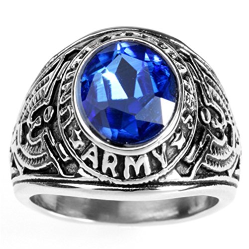 HIJONES Men's Stainless Steel United States Army Ring with Red Stone, Blue Size 10