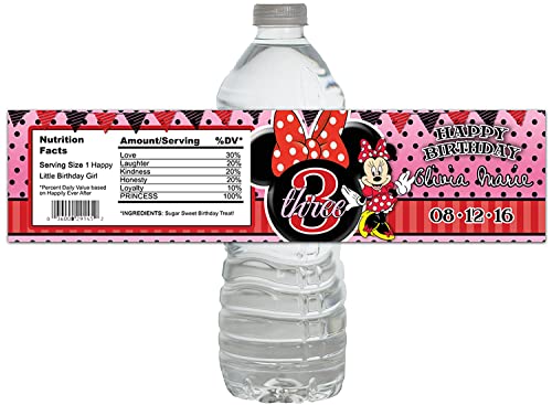 10 Red and Black Polka Dot 3rd Birthday Party Water Bottle Labels Peel-n-Stick Inspired by Minnie