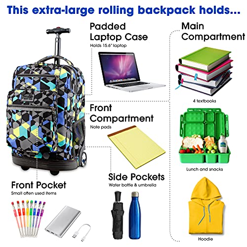 J World New York Sundance Rolling Backpack Girl Boy Roller Bookbag, Cubes, 20 Inch
