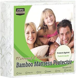 utopia bedding premium bamboo waterproof mattress protector twin 340 gsm, fits 15 inches deep, mattress cover, breathable, fitted style with stretchable pockets white