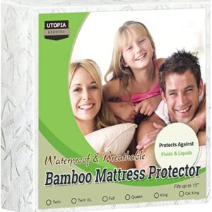 Utopia Bedding Premium Bamboo Waterproof Mattress Protector Twin 340 GSM, Fits 15 Inches Deep, Mattress Cover, Breathable, Fitted Style with Stretchable Pockets White