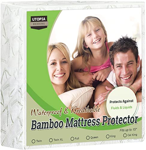 Utopia Bedding Premium Bamboo Waterproof Mattress Protector Twin 340 GSM, Fits 15 Inches Deep, Mattress Cover, Breathable, Fitted Style with Stretchable Pockets White