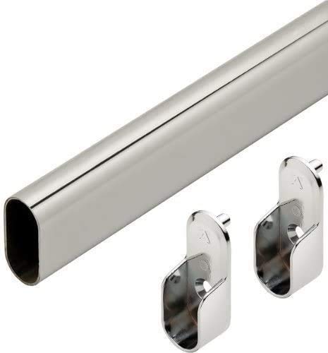 Oval Wardrobe Tube Polished Chrome Closet Rod W/End Supports, Welded Steel, 1.0mm Thick Chrome-Plated (1, 48")