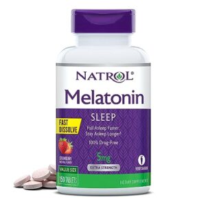 natrol melatonin 5mg, strawberry-flavored dietary supplement for restful sleep, 150 fast-dissolve tablets, 150 day supply