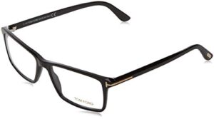 tom ford men's tf 5408 001 black clear rectangular eyeglasses 56mm, shiny black, shiny rose gold "t" logo, 56/16/145