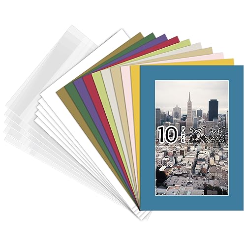 Golden State Art, Pack of 10 Mix Pre-Cut 5x7 Picture Mat for 4x6 Photo with White Core Bevel Cut Mattes Sets. Includes 10 High Premier Acid Free Bevel Cut Matts & 10 Backing Board & 10 Clear Bags