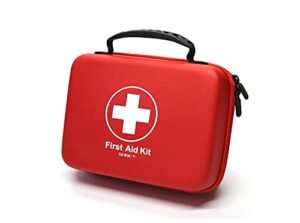compact first aid kit (228pcs) designed for family emergency care. waterproof eva case and bag is ideal for the car, home, boat, school, camping, hiking, office, sports. protect your loved ones. red
