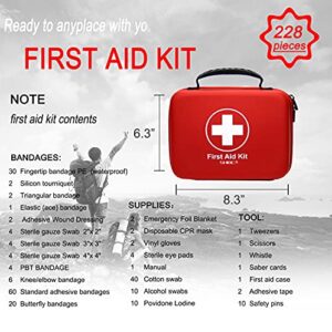 Compact First Aid Kit (228pcs) Designed for Family Emergency Care. Waterproof EVA Case and Bag is Ideal for The Car, Home, Boat, School, Camping, Hiking, Office, Sports. Protect Your Loved Ones. Red