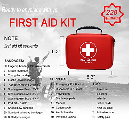 Compact First Aid Kit (228pcs) Designed for Family Emergency Care. Waterproof EVA Case and Bag is Ideal for The Car, Home, Boat, School, Camping, Hiking, Office, Sports. Protect Your Loved Ones. Red