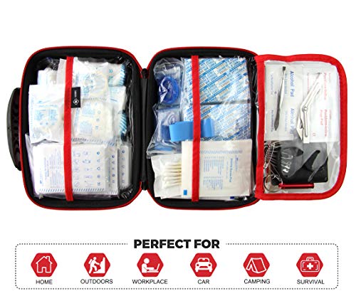 Compact First Aid Kit (228pcs) Designed for Family Emergency Care. Waterproof EVA Case and Bag is Ideal for The Car, Home, Boat, School, Camping, Hiking, Office, Sports. Protect Your Loved Ones. Red