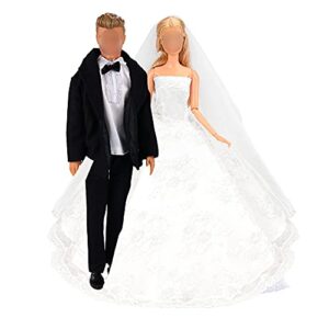 barwa wedding set white wedding dress with veil and formal suit outfit for boy & girl dolls