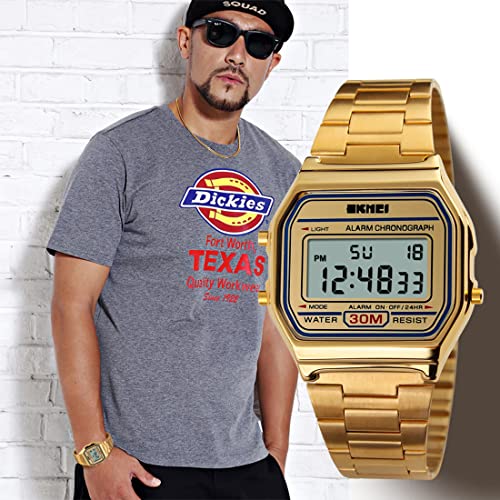 PASOY Men's Digital Gold Stainless Steel Watch Backlit Multifunction Stopwatch Waterproof Sport Watches Reloj (Gold)