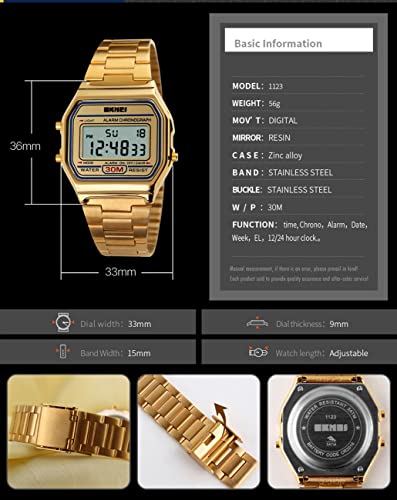 PASOY Men's Digital Gold Stainless Steel Watch Backlit Multifunction Stopwatch Waterproof Sport Watches Reloj (Gold)