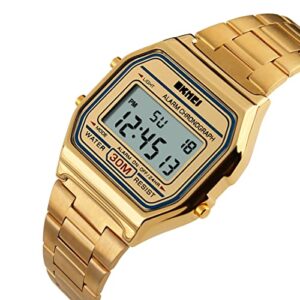 PASOY Men's Digital Gold Stainless Steel Watch Backlit Multifunction Stopwatch Waterproof Sport Watches Reloj (Gold)