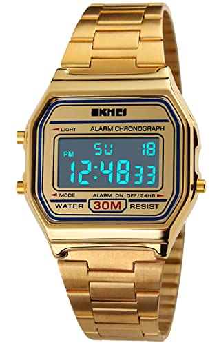 PASOY Men's Digital Gold Stainless Steel Watch Backlit Multifunction Stopwatch Waterproof Sport Watches Reloj (Gold)