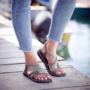 Plaka Palm Leaf Flat Summer Sandals for Women | Perfect for The Beach Walking & Dressy Occasions | Turquoise Gray | Size 8