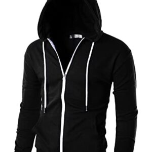 Ohoo Mens Slim Fit Lightweight Zip Up Hoodie with Pockets Long Sleeve Full-Zip Hooded Sweatshirt/DCF002-BLACK-M