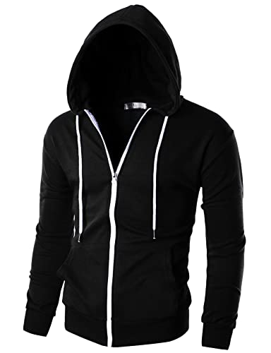 Ohoo Mens Slim Fit Lightweight Zip Up Hoodie with Pockets Long Sleeve Full-Zip Hooded Sweatshirt/DCF002-BLACK-M