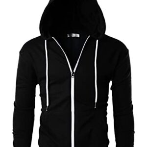 Ohoo Mens Slim Fit Lightweight Zip Up Hoodie with Pockets Long Sleeve Full-Zip Hooded Sweatshirt/DCF002-BLACK-M
